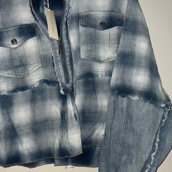 Gilded Intent Distressed Blue Checkered Denim Jacket medium NWT - Picture 4 of 8